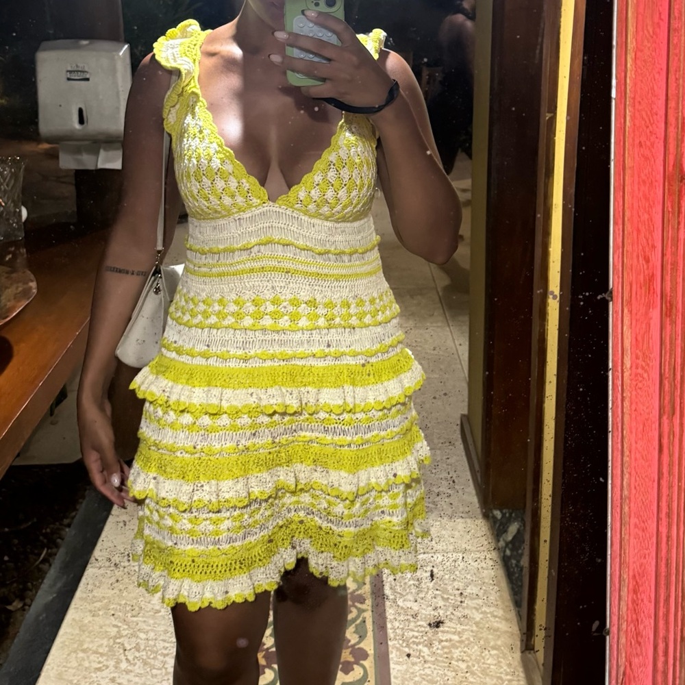 Zimmermann Lime and Cream Crochet Top